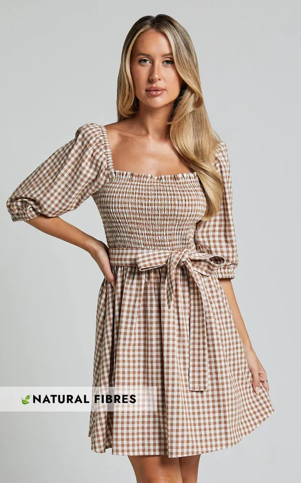 Showpo Liza Mini Dress 8211 Shirred Bodice Short Sleeve Tie Dress In Caramel And White Gingham Women Dresses Showpo Liza Mini Dress 8211 Shirred Bodice Short Sleeve Tie Dress In Caramel And White Gingham Women Dresses