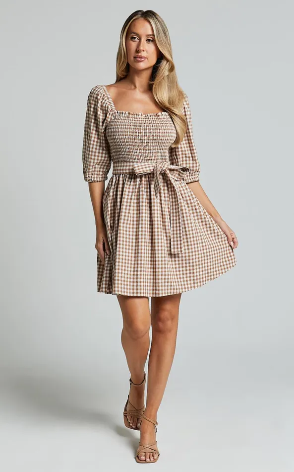 Showpo Liza Mini Dress 8211 Shirred Bodice Short Sleeve Tie Dress In Caramel And White Gingham Women Dresses