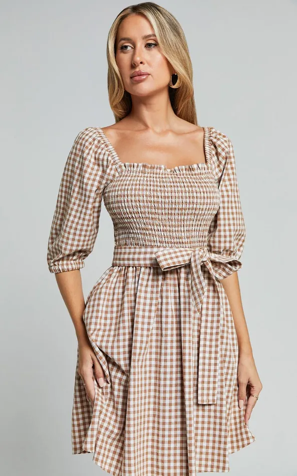 Showpo Liza Mini Dress 8211 Shirred Bodice Short Sleeve Tie Dress In Caramel And White Gingham Women Dresses