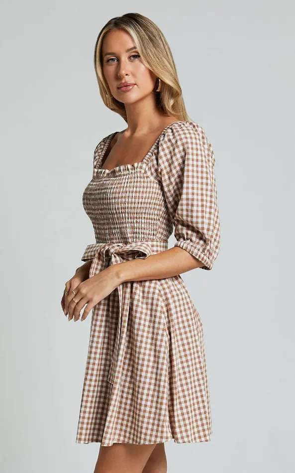 Showpo Liza Mini Dress 8211 Shirred Bodice Short Sleeve Tie Dress In Caramel And White Gingham Women Dresses