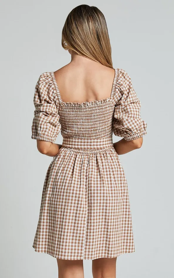 Showpo Liza Mini Dress 8211 Shirred Bodice Short Sleeve Tie Dress In Caramel And White Gingham Women Dresses