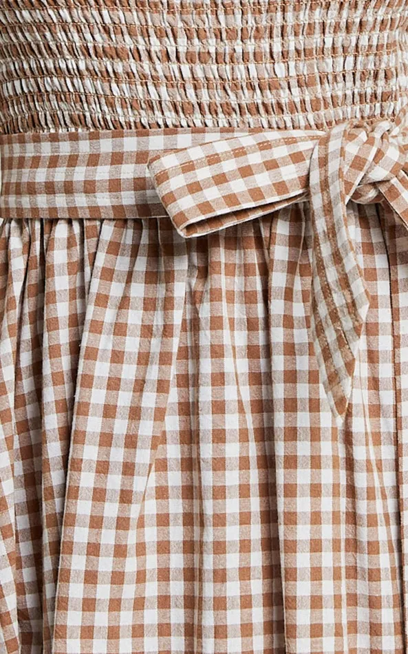Showpo Liza Mini Dress 8211 Shirred Bodice Short Sleeve Tie Dress In Caramel And White Gingham Women Dresses