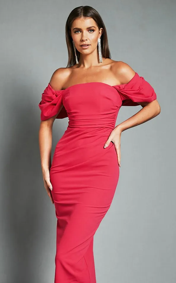 Showpo Lohan Midi Dress 8211 Off Shoulder Puff Sleeve In Berry Women Dresses