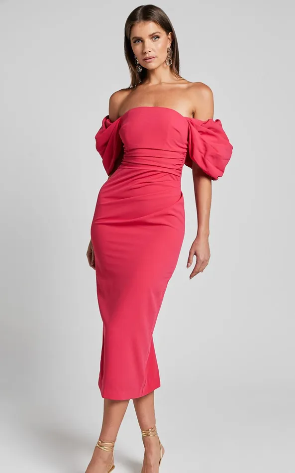 Showpo Lohan Midi Dress 8211 Off Shoulder Puff Sleeve In Berry Women Dresses