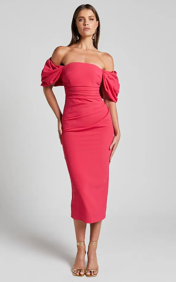 Showpo Lohan Midi Dress 8211 Off Shoulder Puff Sleeve In Berry Women Dresses