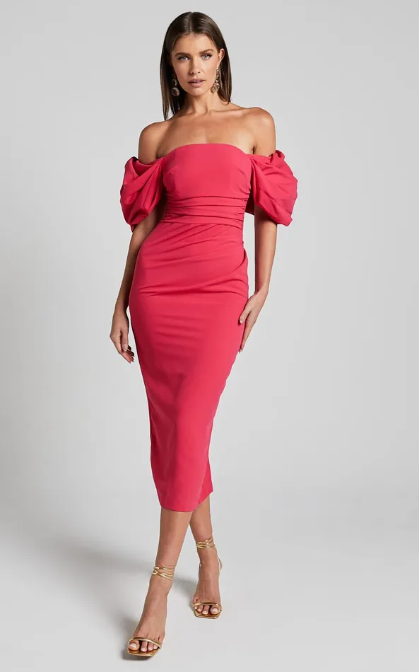 Showpo Lohan Midi Dress 8211 Off Shoulder Puff Sleeve In Berry Women Dresses