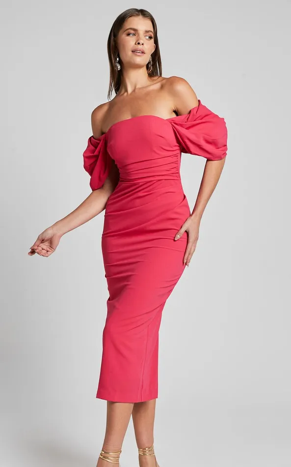 Showpo Lohan Midi Dress 8211 Off Shoulder Puff Sleeve In Berry Women Dresses