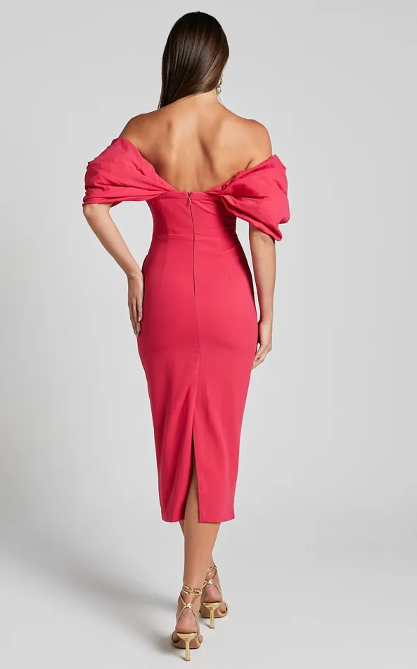 Showpo Lohan Midi Dress 8211 Off Shoulder Puff Sleeve In Berry Women Dresses