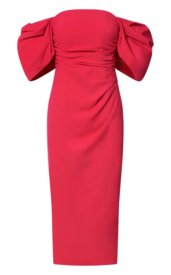Showpo Lohan Midi Dress 8211 Off Shoulder Puff Sleeve In Berry Women Dresses