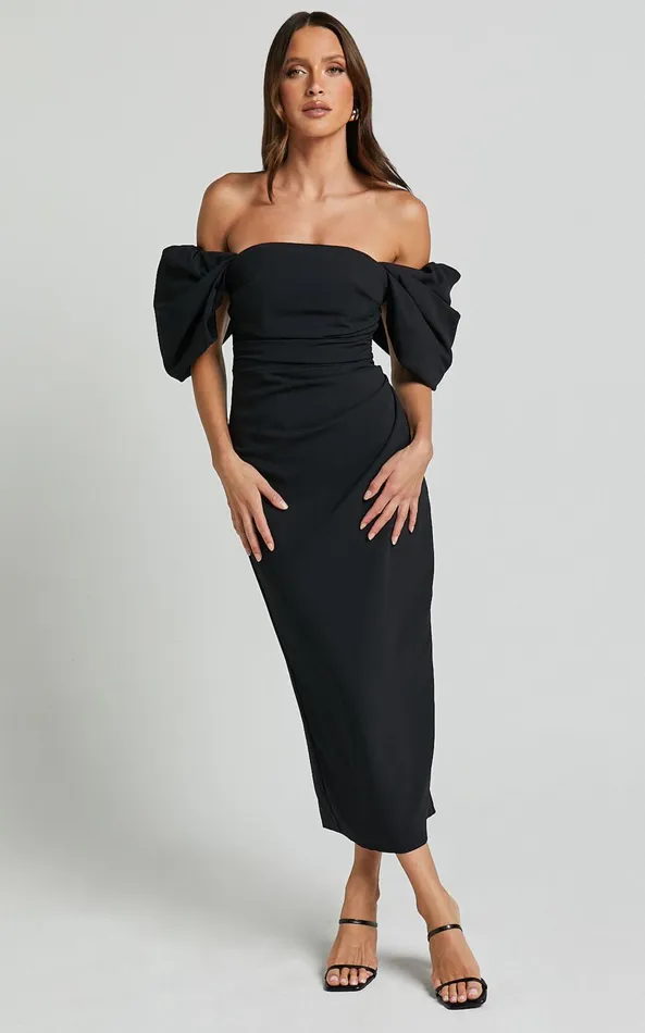 Showpo Lohan Midi Dress 8211 Off Shoulder Puff Sleeve In Black Women Dresses
