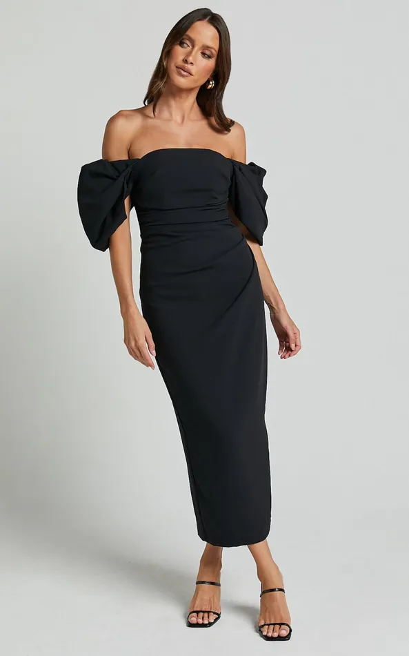 Showpo Lohan Midi Dress 8211 Off Shoulder Puff Sleeve In Black Women Dresses