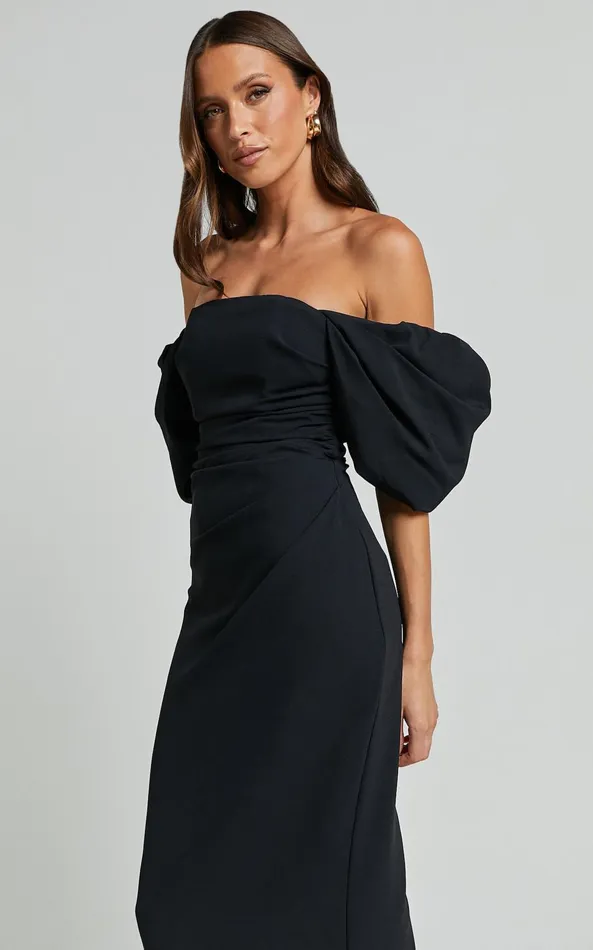 Showpo Lohan Midi Dress 8211 Off Shoulder Puff Sleeve In Black Women Dresses