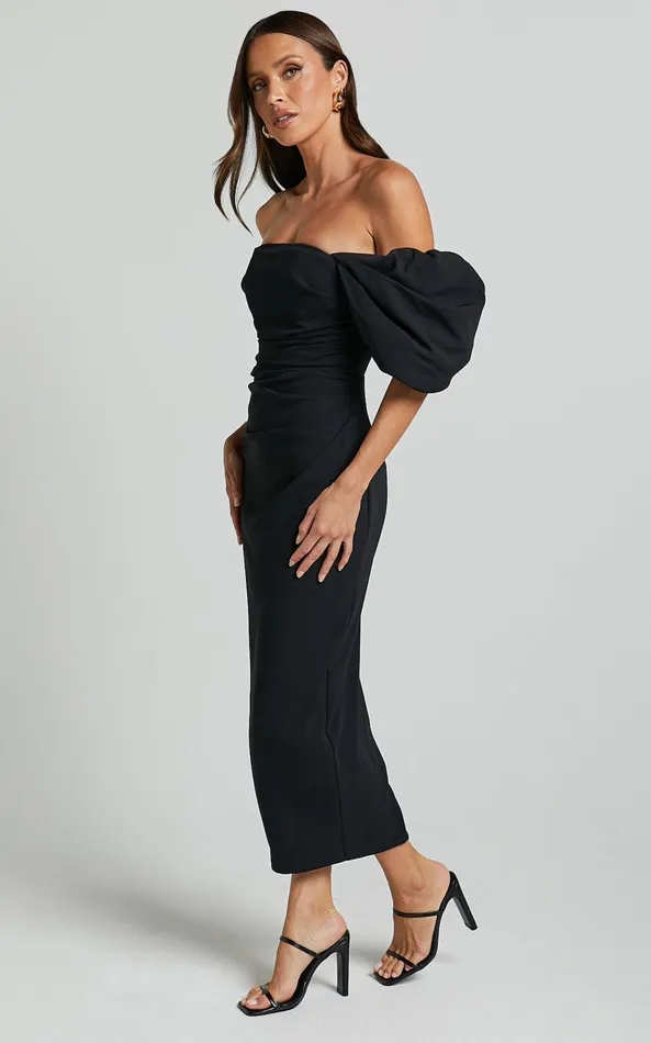 Showpo Lohan Midi Dress 8211 Off Shoulder Puff Sleeve In Black Women Dresses