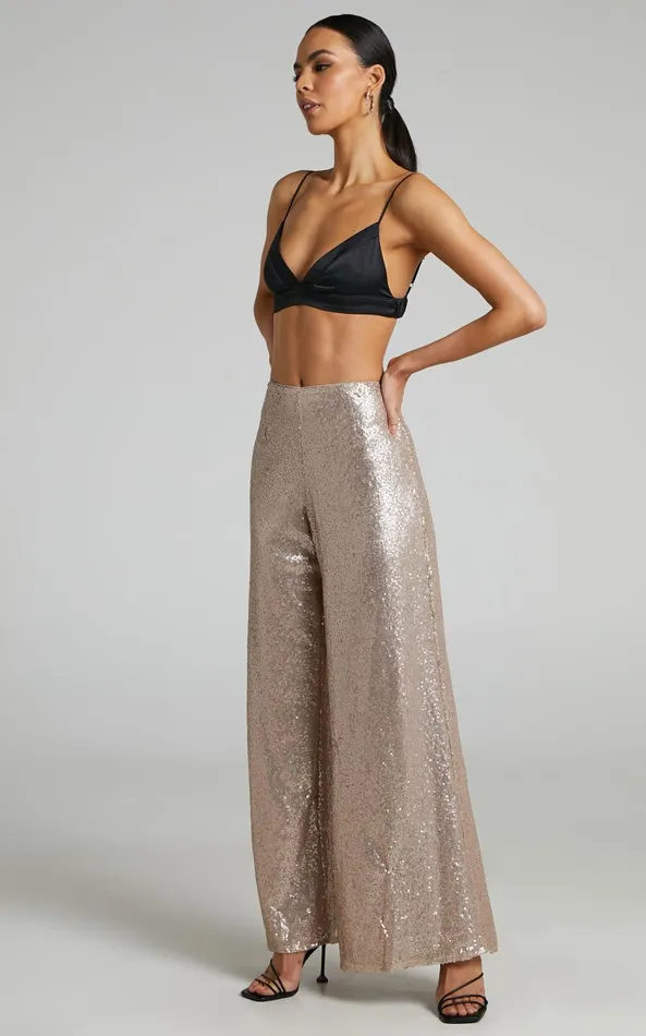 Showpo Looma Sequin Pants 8211 High Waisted Super Wide Leg Pants In Champagne Women Pants