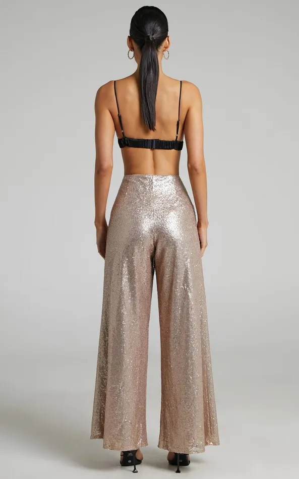 Showpo Looma Sequin Pants 8211 High Waisted Super Wide Leg Pants In Champagne Women Pants