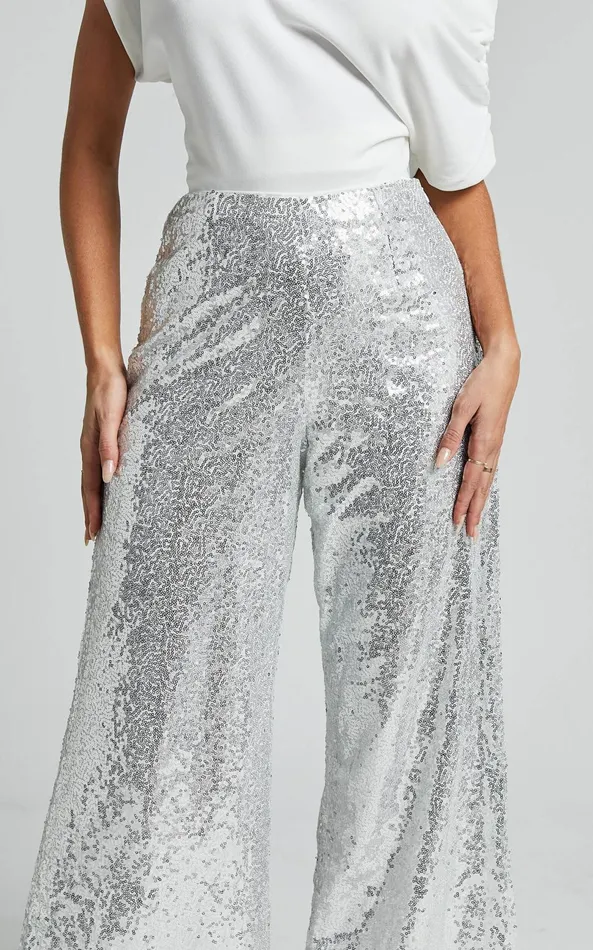Showpo Looma Sequin Pants 8211 High Waisted Super Wide Leg Pants In Silver Women Curve Clothes