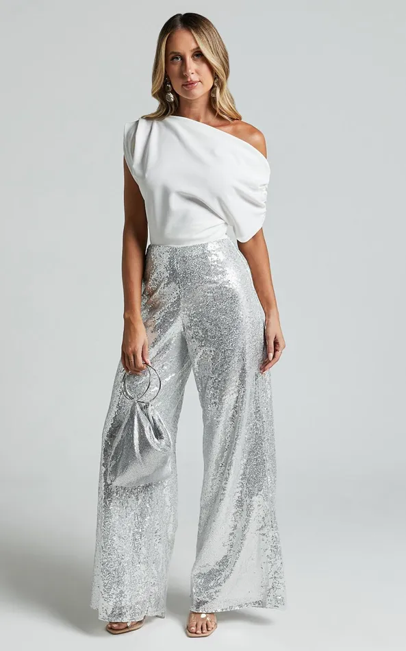 Showpo Looma Sequin Pants 8211 High Waisted Super Wide Leg Pants In Silver Women Curve Clothes