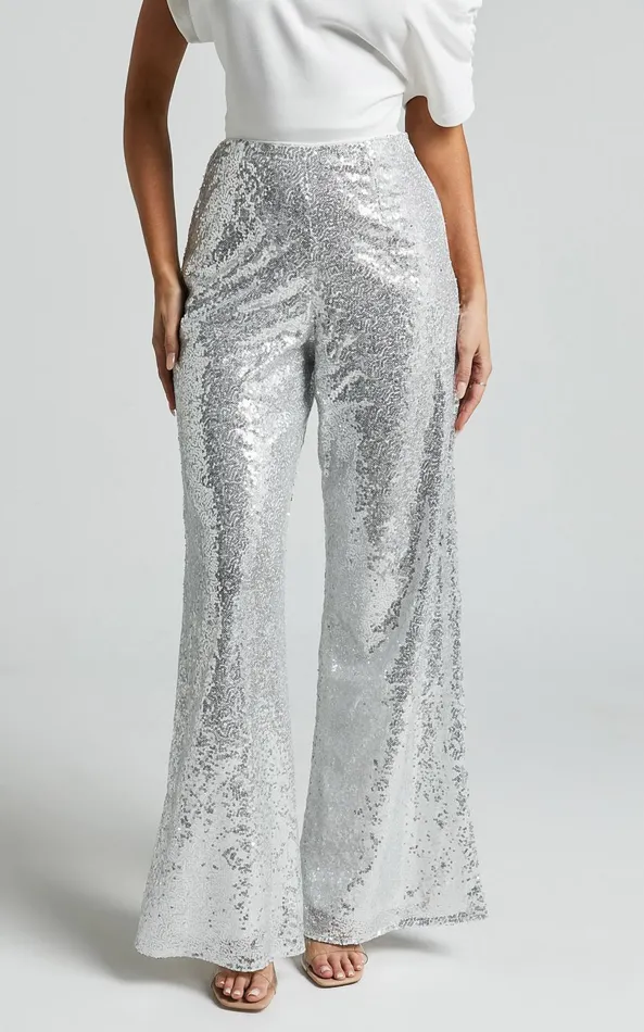 Showpo Looma Sequin Pants 8211 High Waisted Super Wide Leg Pants In Silver Women Curve Clothes