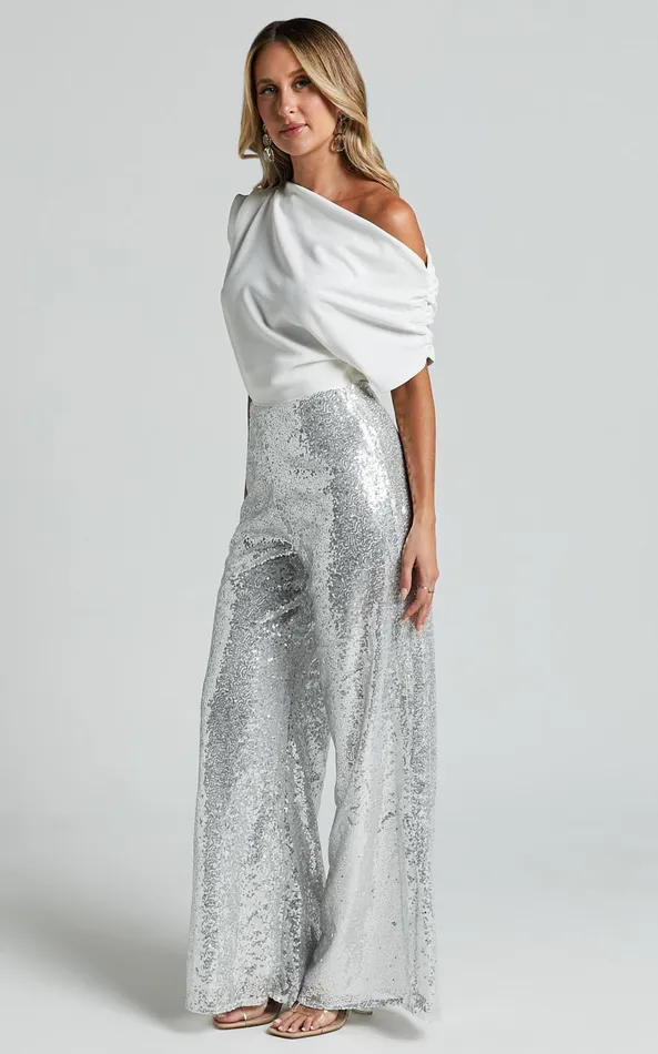 Showpo Looma Sequin Pants 8211 High Waisted Super Wide Leg Pants In Silver Women Curve Clothes