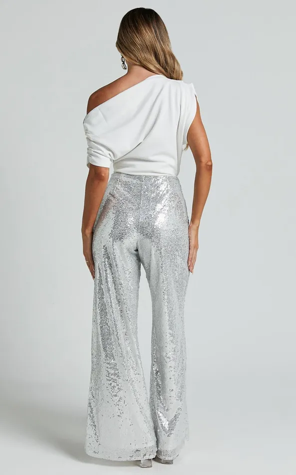 Showpo Looma Sequin Pants 8211 High Waisted Super Wide Leg Pants In Silver Women Curve Clothes