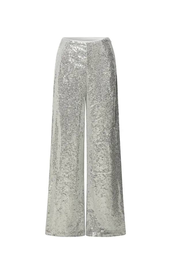 Showpo Looma Sequin Pants 8211 High Waisted Super Wide Leg Pants In Silver Women Curve Clothes