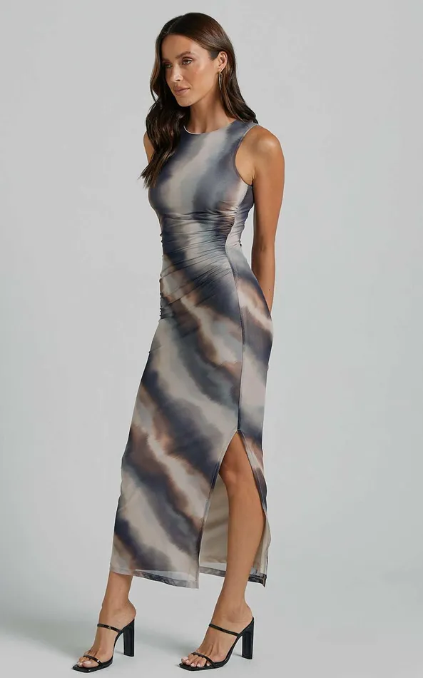 Showpo Loralie Midi Dress 8211 Mesh High Neck Bodycon Dress In Brown Tie Dye Women Dresses