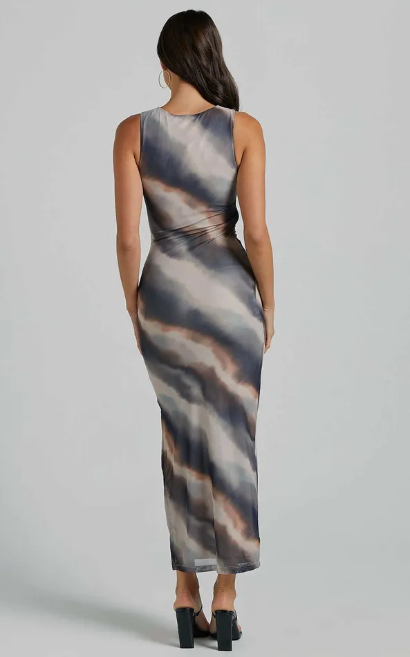 Showpo Loralie Midi Dress 8211 Mesh High Neck Bodycon Dress In Brown Tie Dye Women Dresses