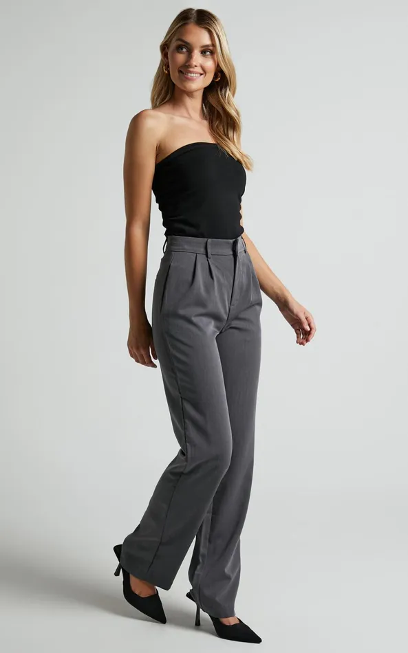 Showpo Lorcan Pants 8211 High Waisted Tailored Pants In Charcoal Women Curve Clothes