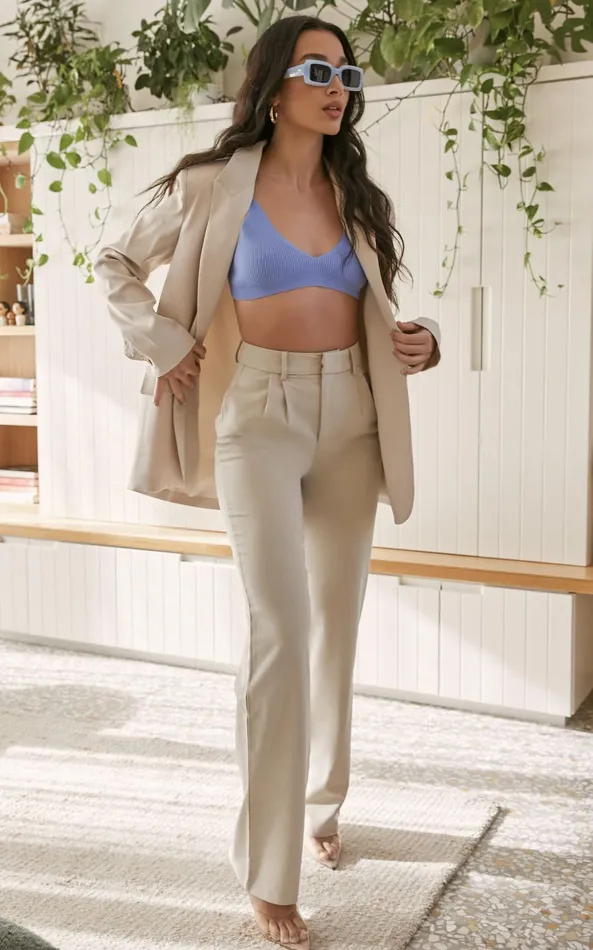 Showpo Lorcan Pants 8211 High Waisted Tailored Pants In Stone Women Curve Clothes