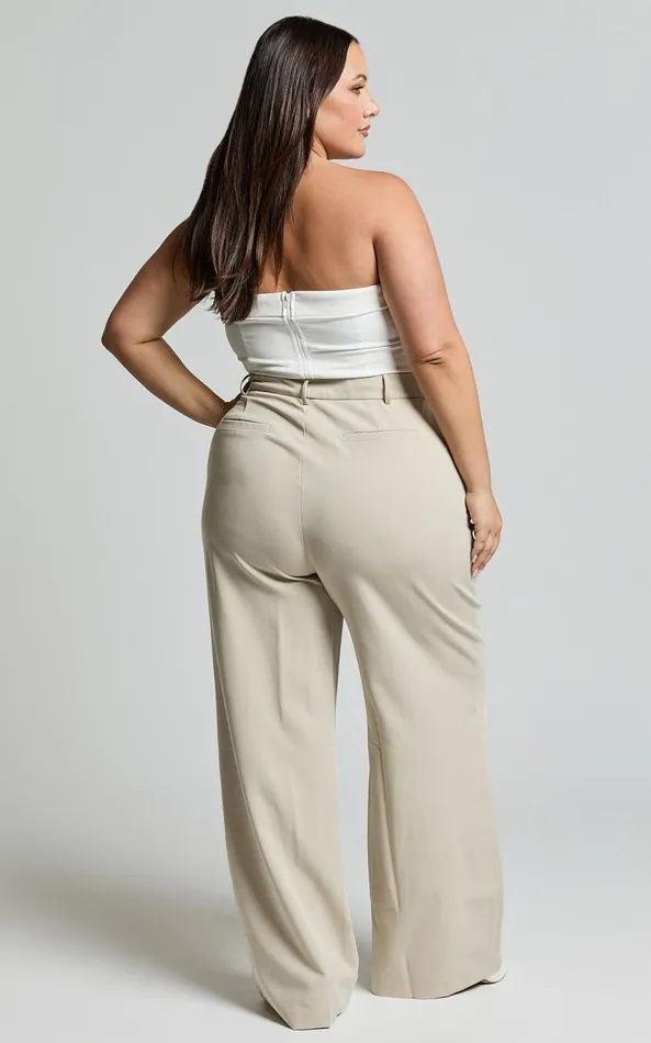 Showpo Lorcan Pants 8211 High Waisted Tailored Pants In Stone Women Curve Clothes