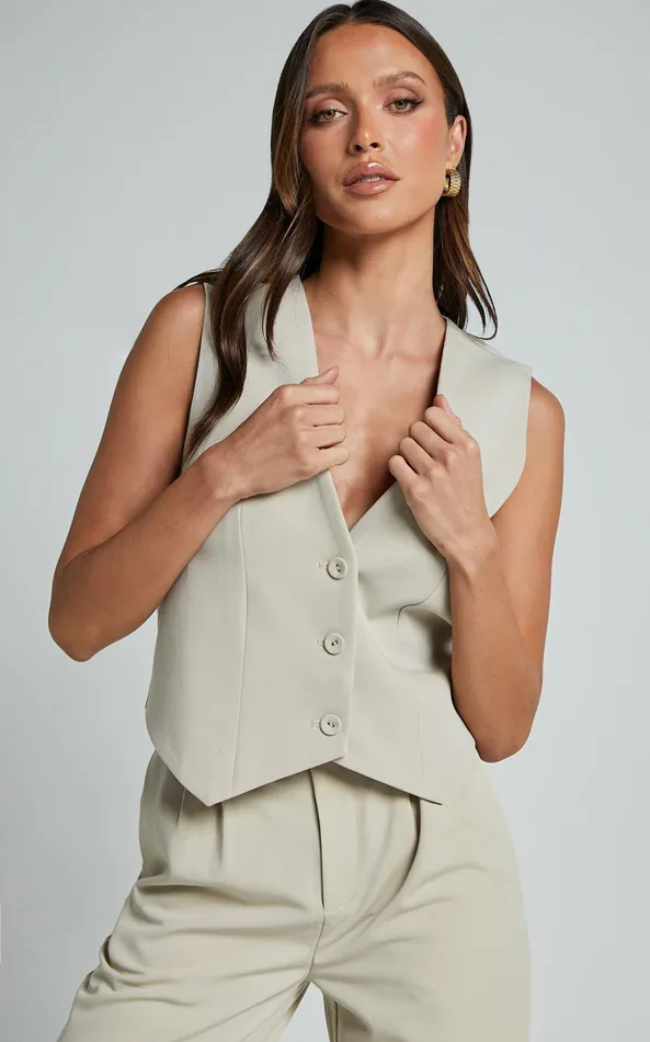 Showpo Lorcan Vest 8211 Tailored Vest In Stone Women Tops