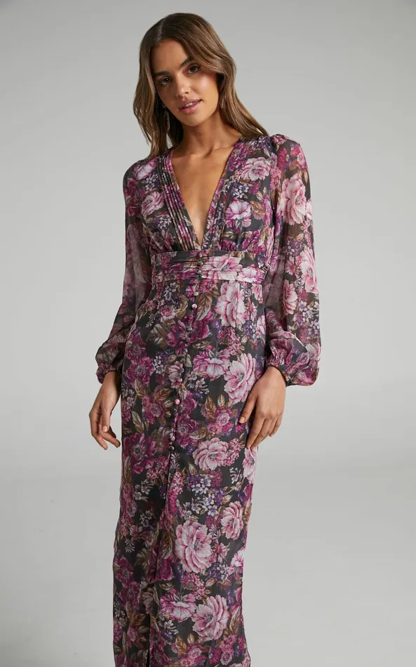 Showpo Lorelei Midi Dress 8211 V Neck Balloon Sleeve Dress In Harvest Floral Women Dresses