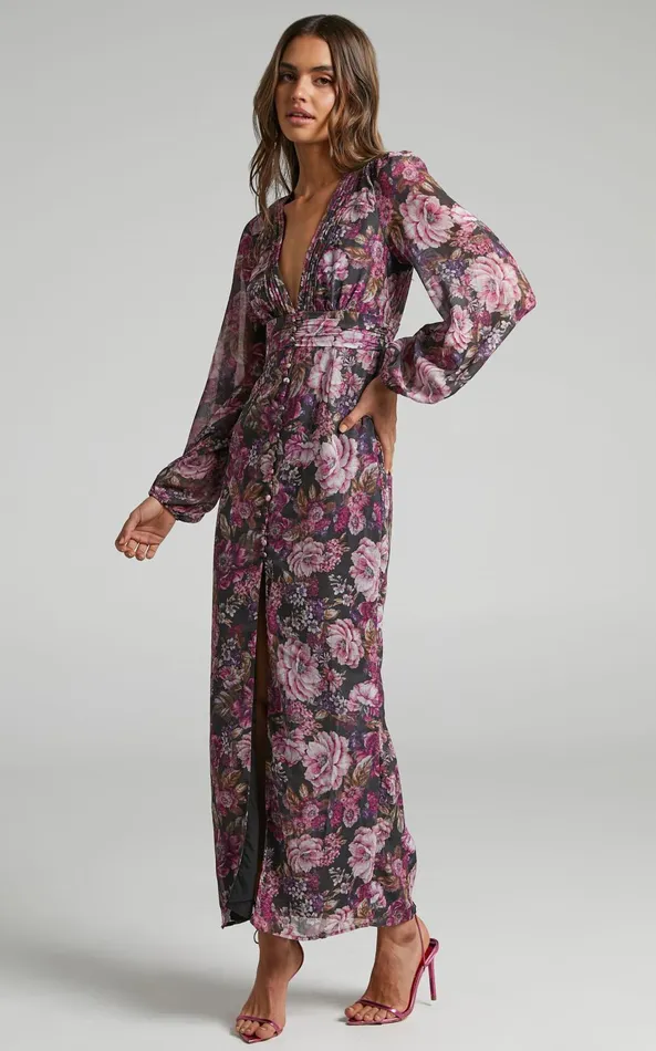 Showpo Lorelei Midi Dress 8211 V Neck Balloon Sleeve Dress In Harvest Floral Women Dresses