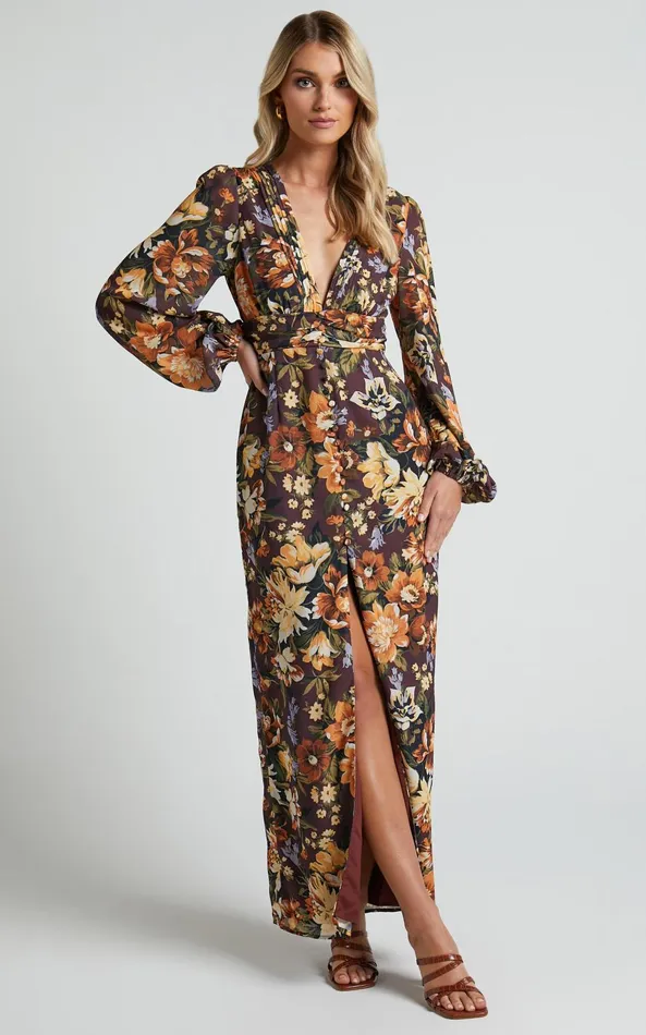 Showpo Lorelei Midi Dress 8211 V Neck Balloon Sleeve Dress In Indulgent Bloom Women Curve Clothes Showpo Lorelei Midi Dress 8211 V Neck Balloon Sleeve Dress In Indulgent Bloom Women Curve Clothes