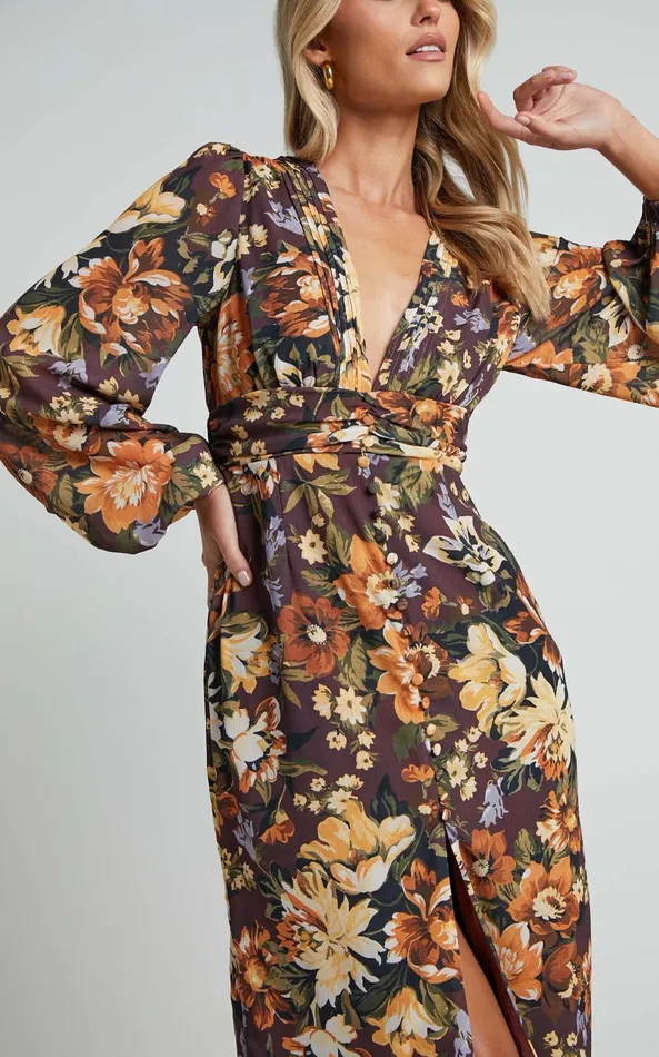 Showpo Lorelei Midi Dress 8211 V Neck Balloon Sleeve Dress In Indulgent Bloom Women Curve Clothes
