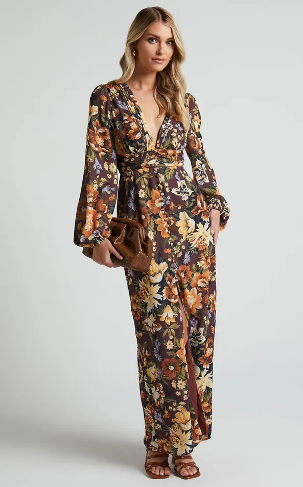 Showpo Lorelei Midi Dress 8211 V Neck Balloon Sleeve Dress In Indulgent Bloom Women Curve Clothes