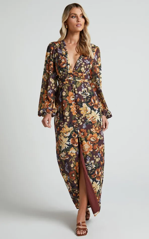 Showpo Lorelei Midi Dress 8211 V Neck Balloon Sleeve Dress In Indulgent Bloom Women Curve Clothes