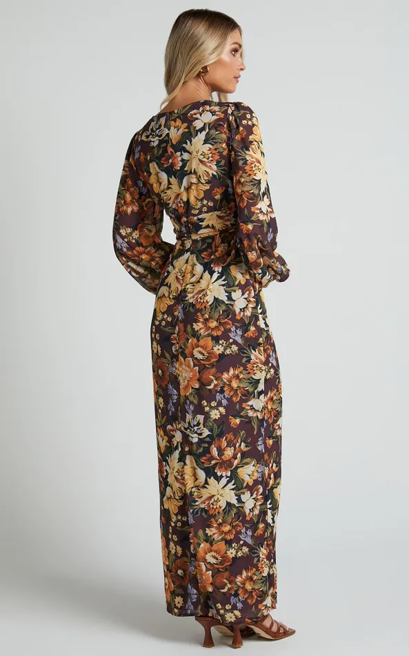 Showpo Lorelei Midi Dress 8211 V Neck Balloon Sleeve Dress In Indulgent Bloom Women Curve Clothes