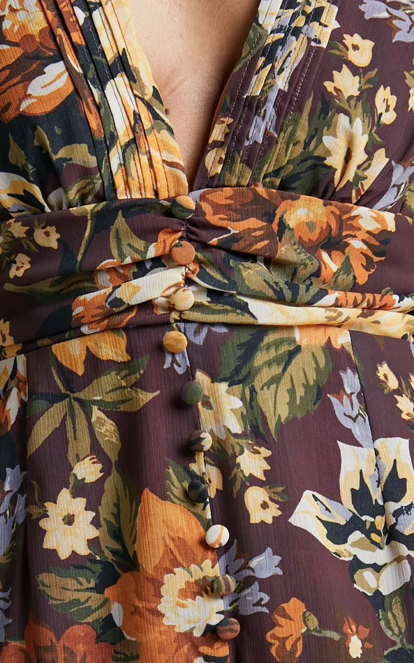 Showpo Lorelei Midi Dress 8211 V Neck Balloon Sleeve Dress In Indulgent Bloom Women Curve Clothes