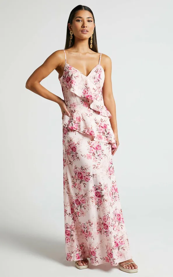 Showpo Loreli Midi Dress 8211 Ruffle Detail Slip Dress In Garden Floral Women Dresses