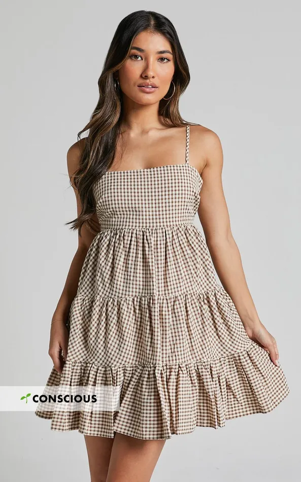 Showpo Lorelle Mini Dress 8211 Straight Neck Tiered Dress In Brown Check Gingham Women Dresses