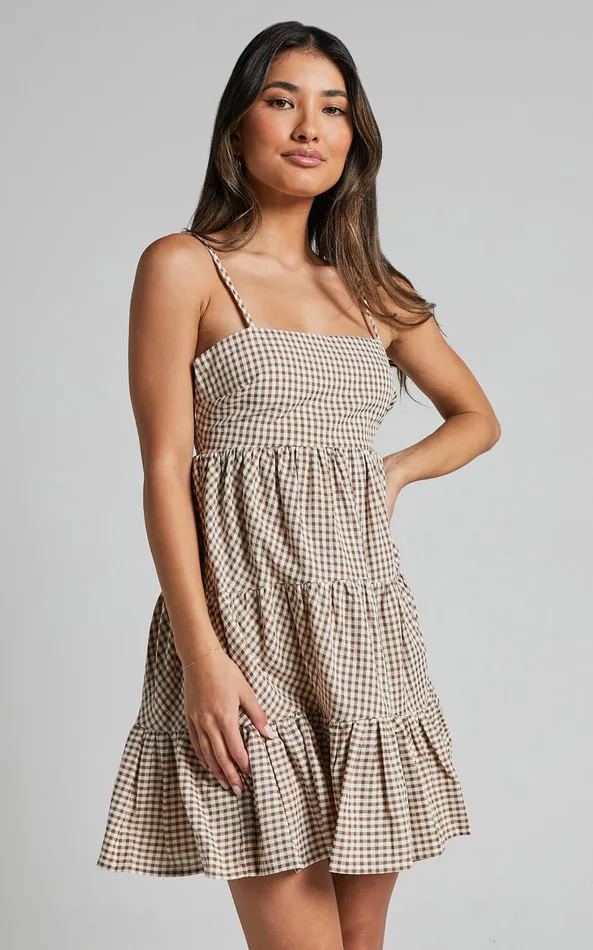 Showpo Lorelle Mini Dress 8211 Straight Neck Tiered Dress In Brown Check Gingham Women Dresses