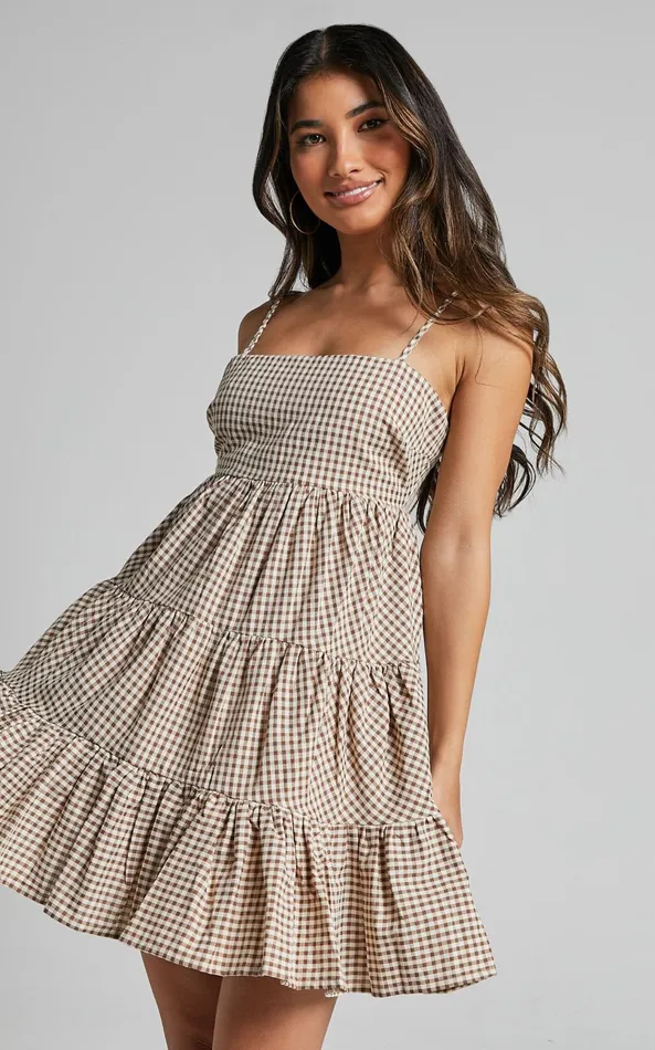 Showpo Lorelle Mini Dress 8211 Straight Neck Tiered Dress In Brown Check Gingham Women Dresses