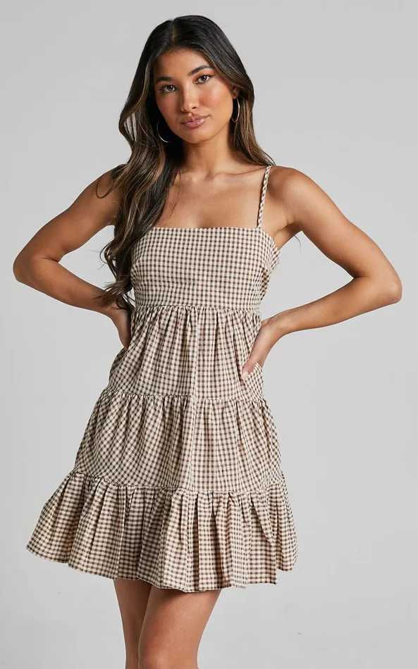Showpo Lorelle Mini Dress 8211 Straight Neck Tiered Dress In Brown Check Gingham Women Dresses