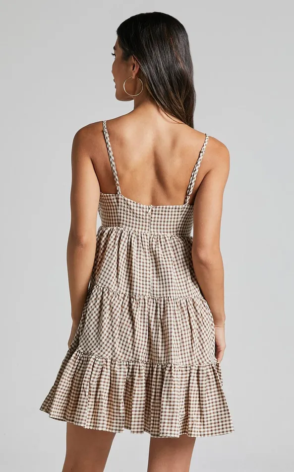 Showpo Lorelle Mini Dress 8211 Straight Neck Tiered Dress In Brown Check Gingham Women Dresses