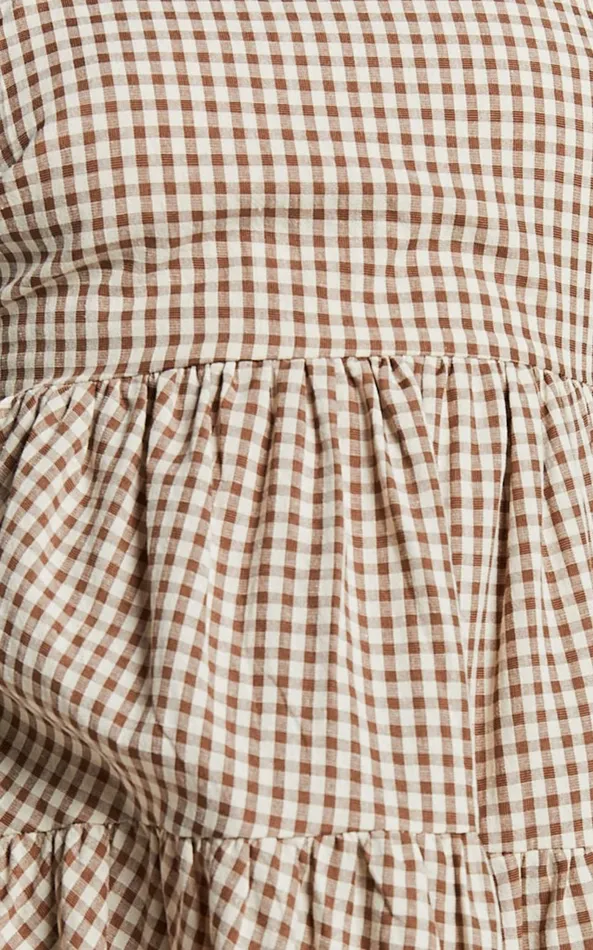 Showpo Lorelle Mini Dress 8211 Straight Neck Tiered Dress In Brown Check Gingham Women Dresses