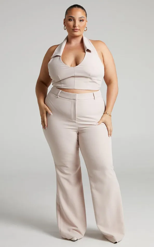 Showpo Lorena 8211 High Waisted Flared Trousers In Stone Women Curve Clothes