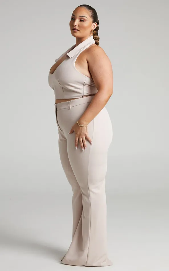 Showpo Lorena 8211 High Waisted Flared Trousers In Stone Women Curve Clothes