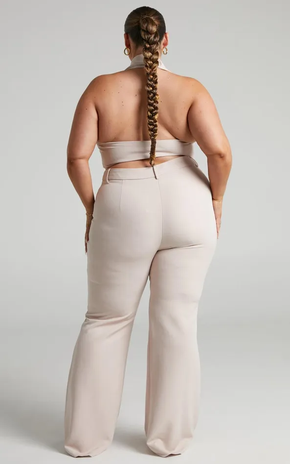 Showpo Lorena 8211 High Waisted Flared Trousers In Stone Women Curve Clothes