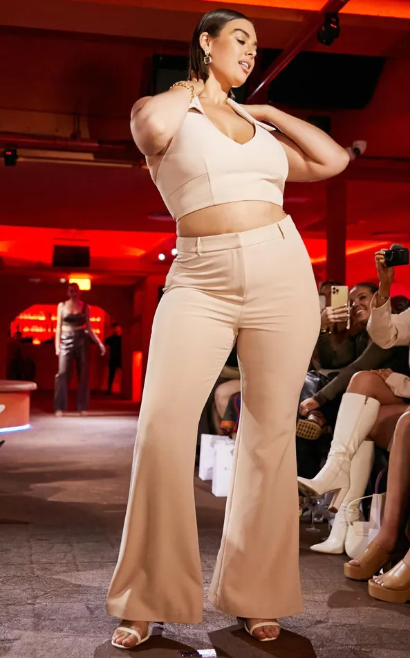 Showpo Lorena 8211 High Waisted Flared Trousers In Stone Women Curve Clothes